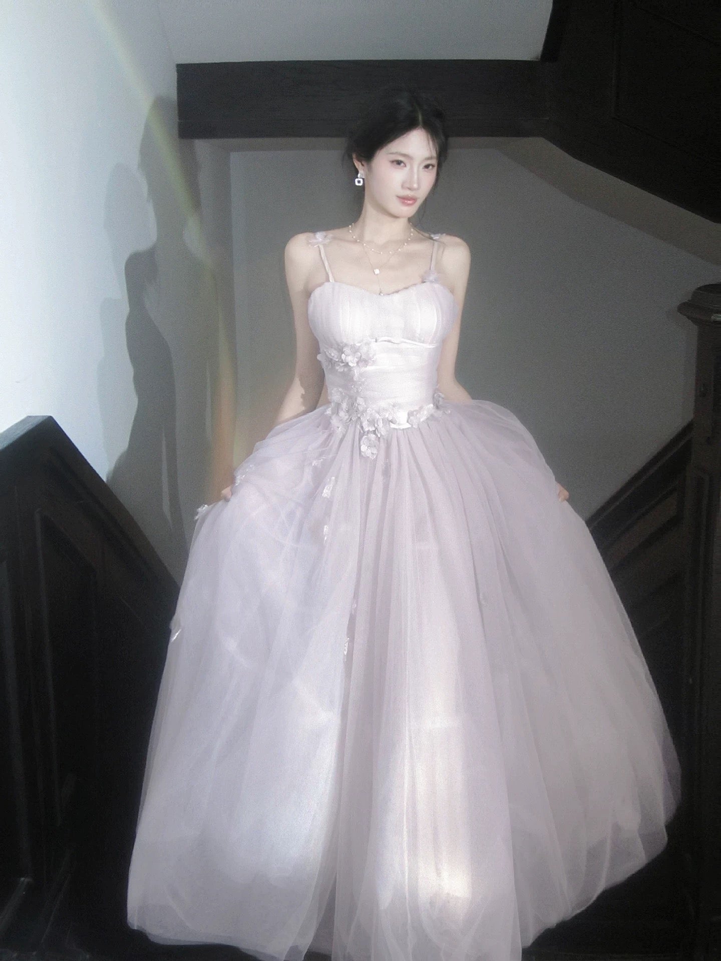 Elegant A line Spaghetti Strap Lilac Tulle Full-hem Maxi Semi Formal Garden Date Night Outfit Wedding Guest Dresses RB5037