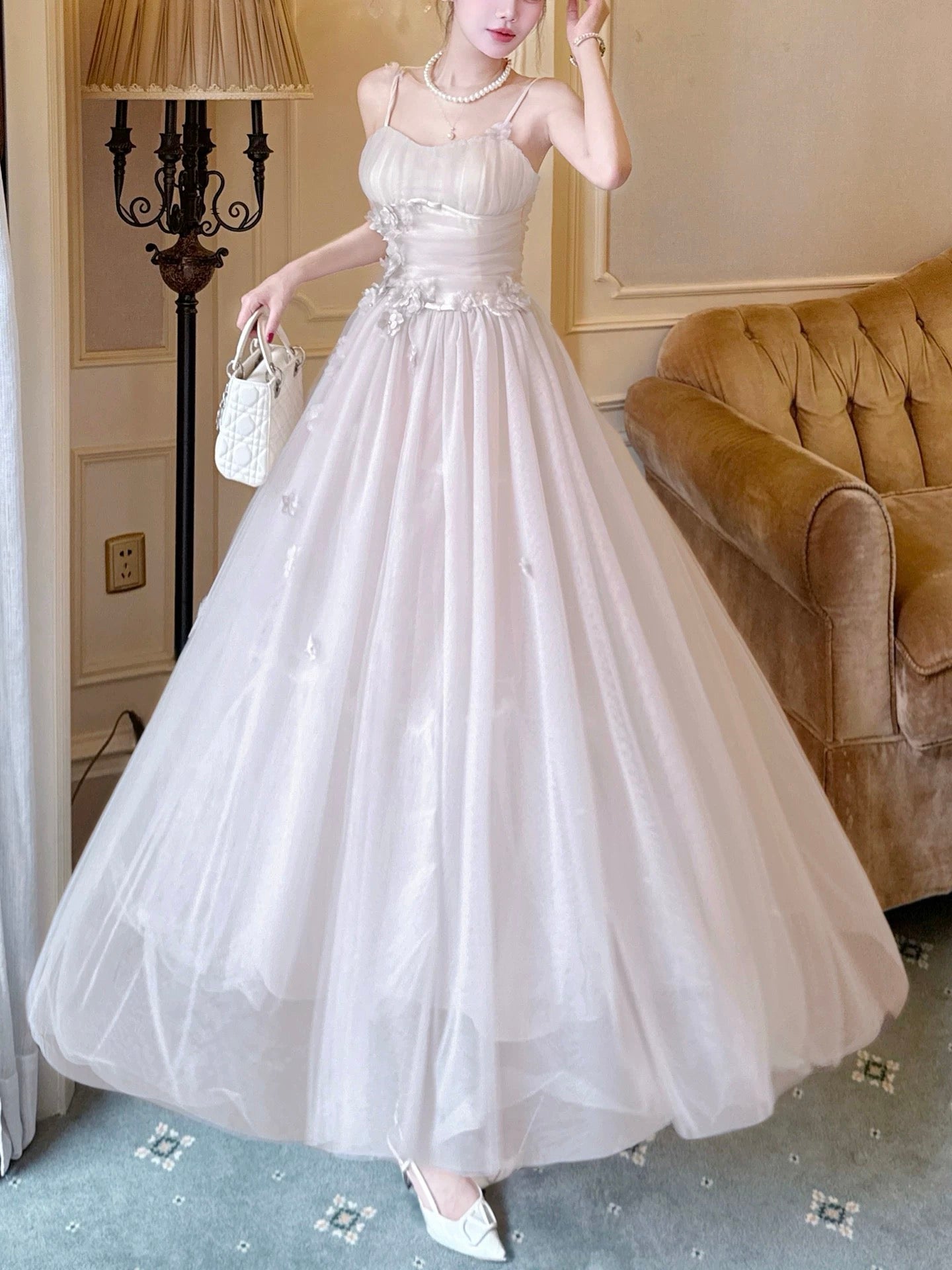 Elegant A line Spaghetti Strap Lilac Tulle Full-hem Maxi Semi Formal Garden Date Night Outfit Wedding Guest Dresses RB5037