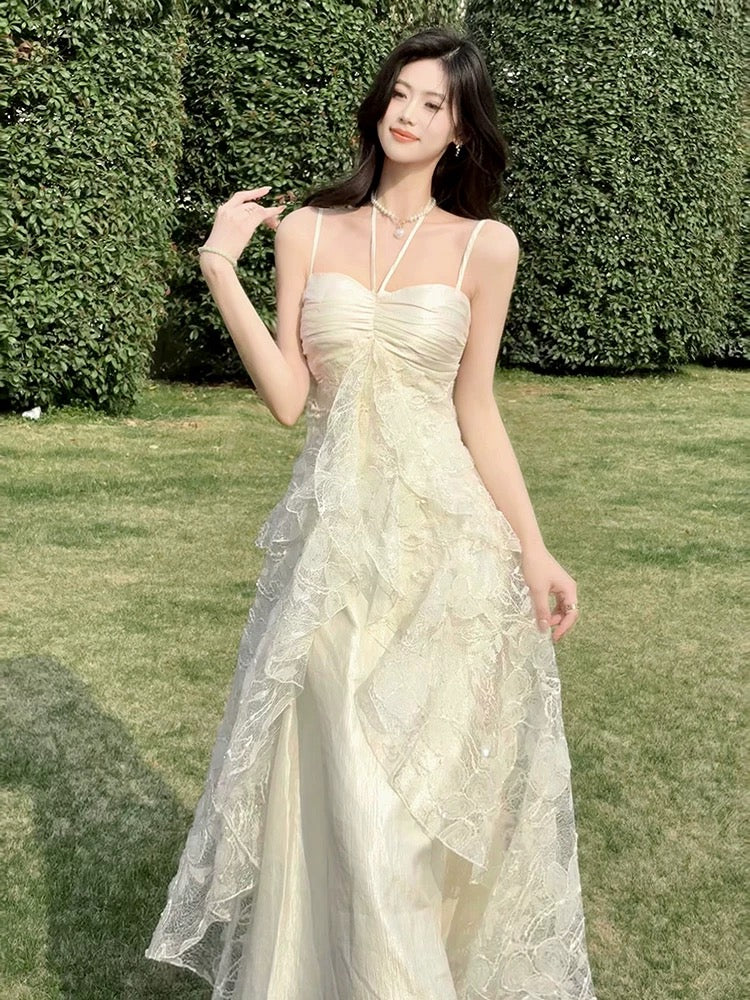 Elegant A line Spaghetti Strap White Lace Full-hem Maxi Semi Formal Garden Date Night Outfit Wedding Guest Dresses RB5038