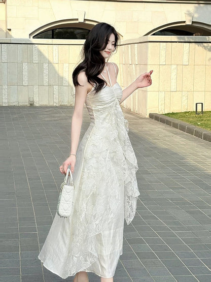 Elegant A line Spaghetti Strap White Lace Full-hem Maxi Semi Formal Garden Date Night Outfit Wedding Guest Dresses RB5038