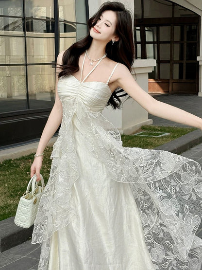 Elegant A line Spaghetti Strap White Lace Full-hem Maxi Semi Formal Garden Date Night Outfit Wedding Guest Dresses RB5038