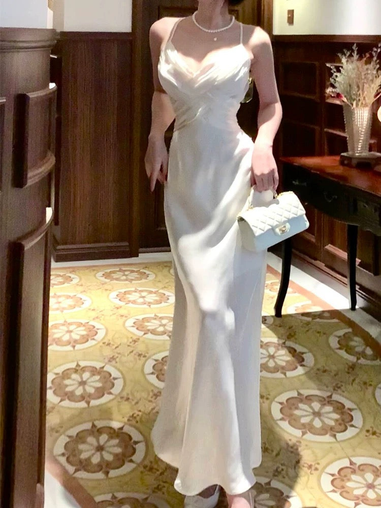 Sexy Mermaid Spaghetti Strap White Chiffon Sleeveless Date Night Outfit Outdoor Semi Formal Long Wedding Guest Dresses RB5039