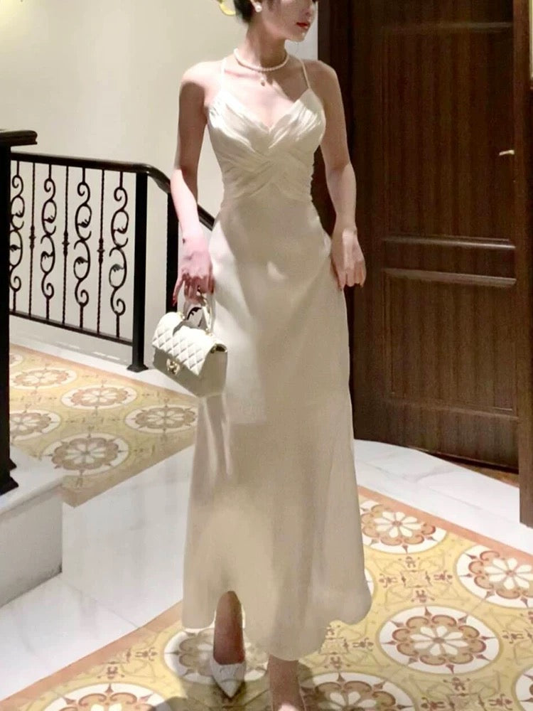Sexy Mermaid Spaghetti Strap White Chiffon Sleeveless Date Night Outfit Outdoor Semi Formal Long Wedding Guest Dresses RB5039