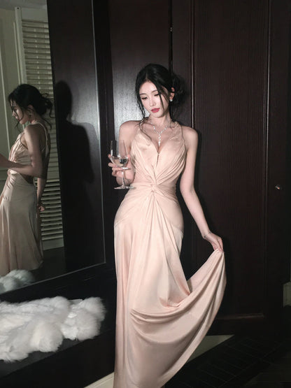 Elegant Mermaid Halter Backless Satin Pink Full-hem Maxi Semi Formal Garden Date Night Outfit Wedding Guest Dresses RB5040