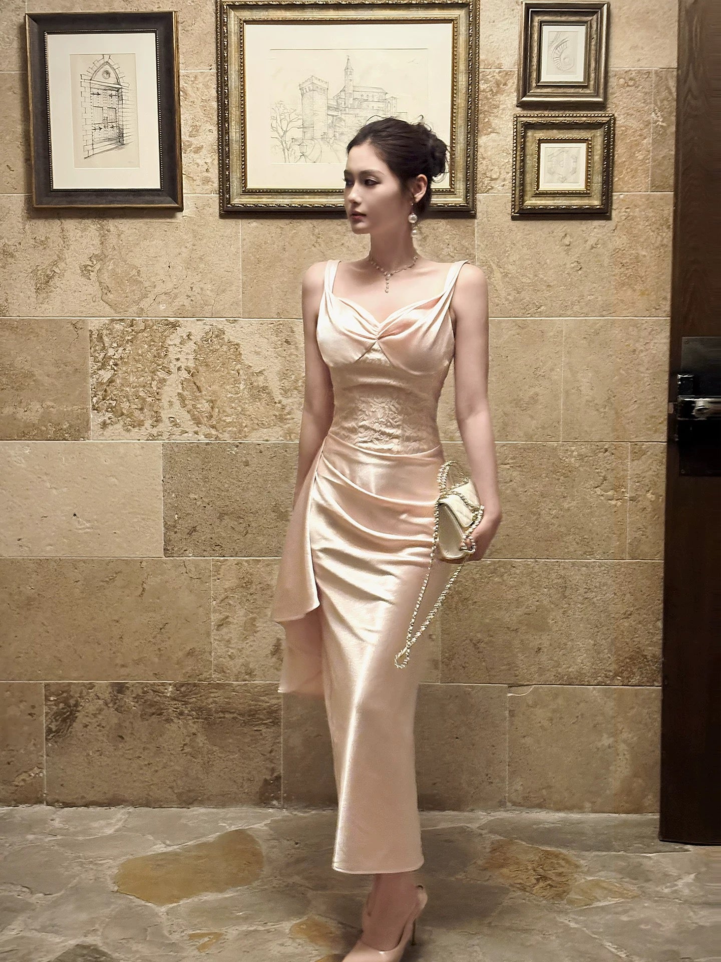 Elegant Mermaid Straps Lace Satin Pink Full-hem Maxi Semi Formal Garden Date Night Outfit Wedding Guest Dresses RB5041