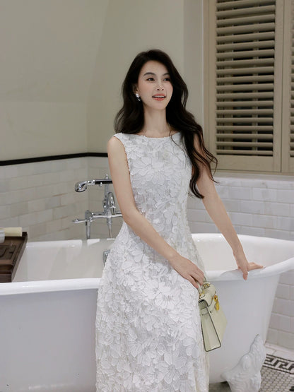 Sexy A Line Scoop Lace White Sleeveless Date Night Outfit Outdoor Semi Formal Long Wedding Guest Dresses RB5042