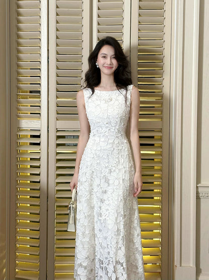 Sexy A Line Scoop Lace White Sleeveless Date Night Outfit Outdoor Semi Formal Long Wedding Guest Dresses RB5042