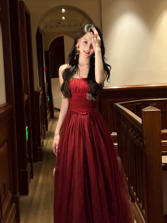 Elegant A Line Spaghetti Strap Burgundy Full-hem Maxi Semi Formal Garden Date Night Outfit Wedding Guest Dresses RB5043
