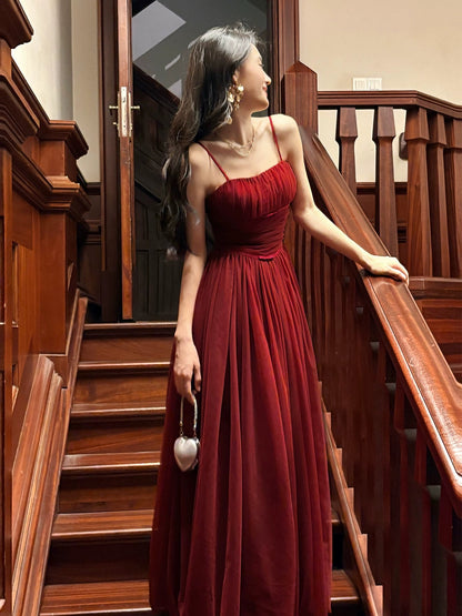 Elegant A Line Spaghetti Strap Burgundy Full-hem Maxi Semi Formal Garden Date Night Outfit Wedding Guest Dresses RB5043