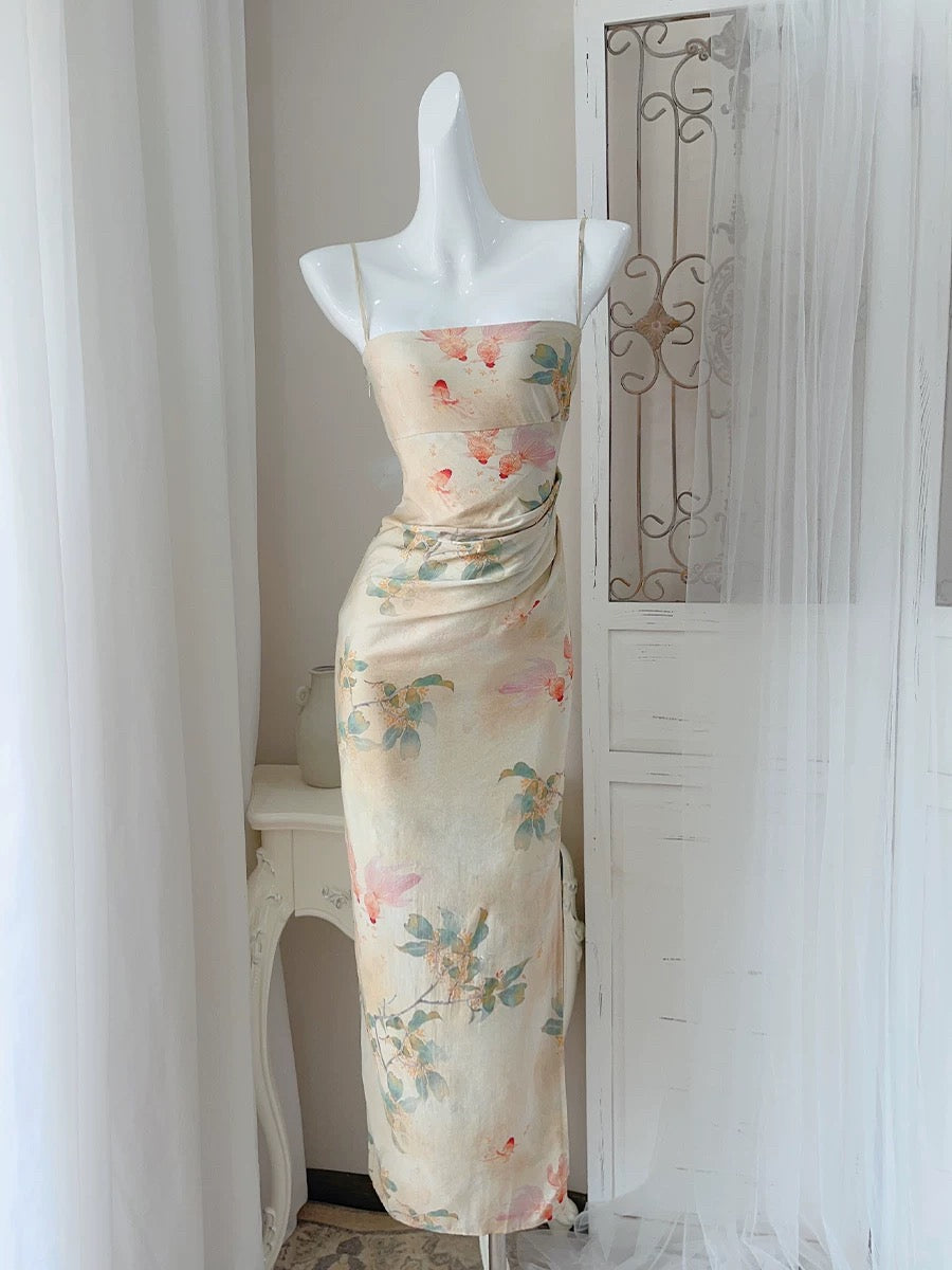 Chic Sheath Spaghetti Strap Floral Sleeveless Date Night Outfit Outdoor Semi Formal Long Wedding Guest Dresses RB5045