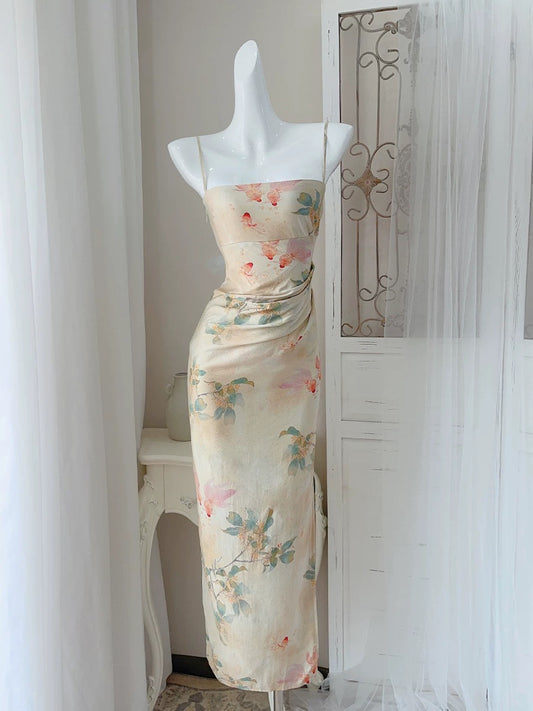 Chic Sheath Spaghetti Strap Floral Sleeveless Date Night Outfit Outdoor Semi Formal Long Wedding Guest Dresses RB5045