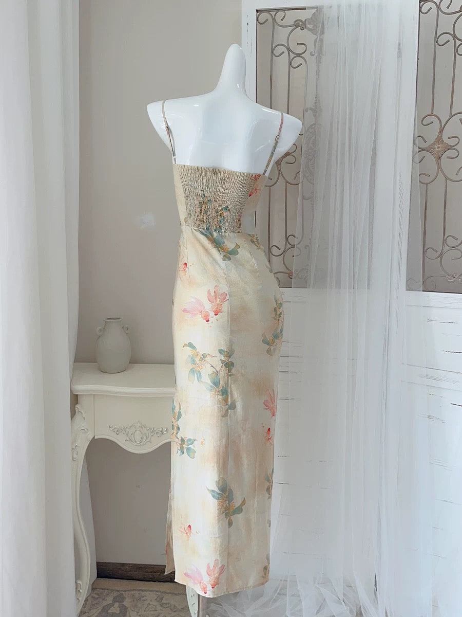 Chic Sheath Spaghetti Strap Floral Sleeveless Date Night Outfit Outdoor Semi Formal Long Wedding Guest Dresses RB5045