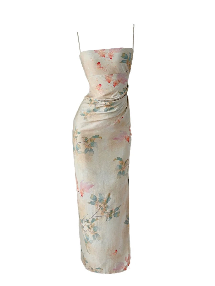 Chic Sheath Spaghetti Strap Floral Sleeveless Date Night Outfit Outdoor Semi Formal Long Wedding Guest Dresses RB5045