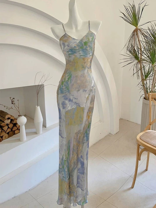 Chic Sheath Spaghetti Strap Floral Sleeveless Date Night Outfits Outdoor Semi Formal Long Wedding Guest Dresses RB5046