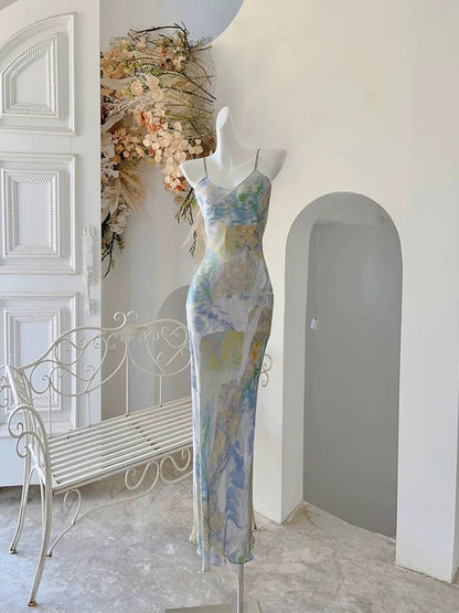 Chic Sheath Spaghetti Strap Floral Sleeveless Date Night Outfits Outdoor Semi Formal Long Wedding Guest Dresses RB5046