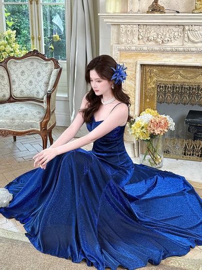 Elegant Mermaid Spaghetti Strap Royal Blue Sequin Full-hem Maxi Semi Formal Garden Date Night Outfit Wedding Guest Dresses RB5047