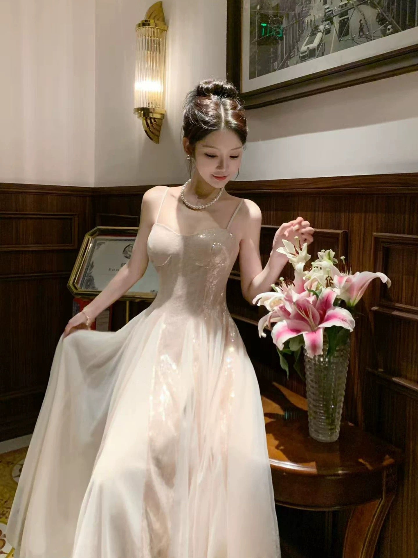 Sparkly A Line Spaghetti Strap Pink Sequin Sleeveless Date Night Outfits Outdoor Semi Formal Long Wedding Guest Dresses RB5049