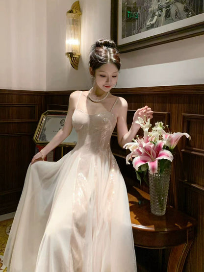 Sparkly A Line Spaghetti Strap Pink Sequin Sleeveless Date Night Outfits Outdoor Semi Formal Long Wedding Guest Dresses RB5049