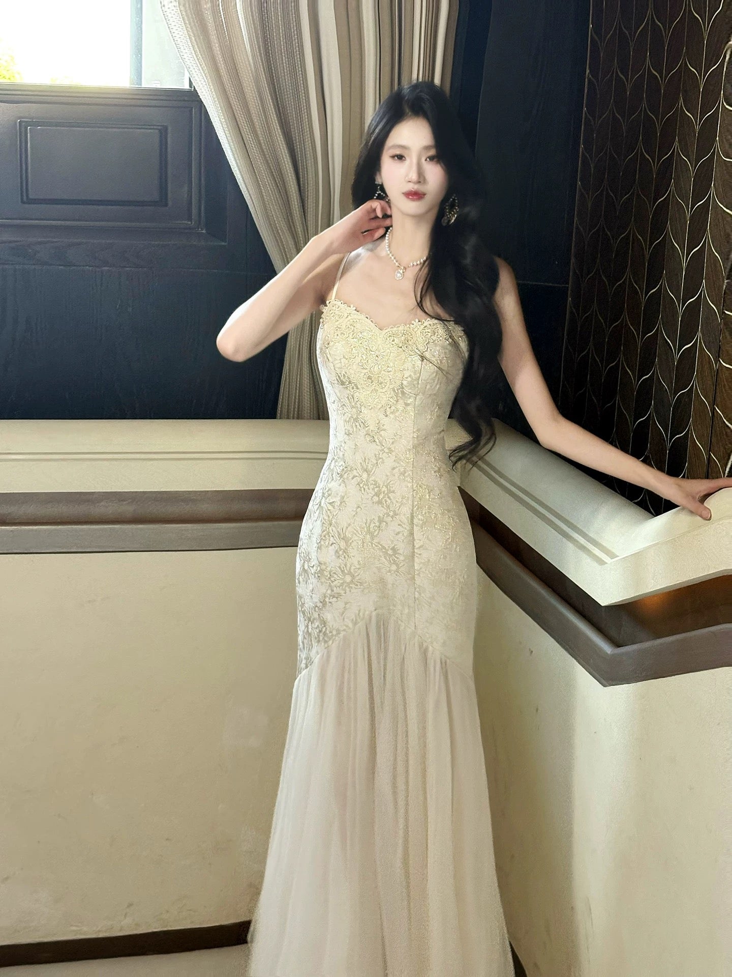 Elegant Mermaid Spaghetti Strap Lace Chiffon Full-hem Maxi Semi Formal Garden Date Night Outfit Wedding Guest Dresses RB5050