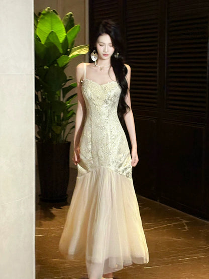 Elegant Mermaid Spaghetti Strap Lace Chiffon Full-hem Maxi Semi Formal Garden Date Night Outfit Wedding Guest Dresses RB5050