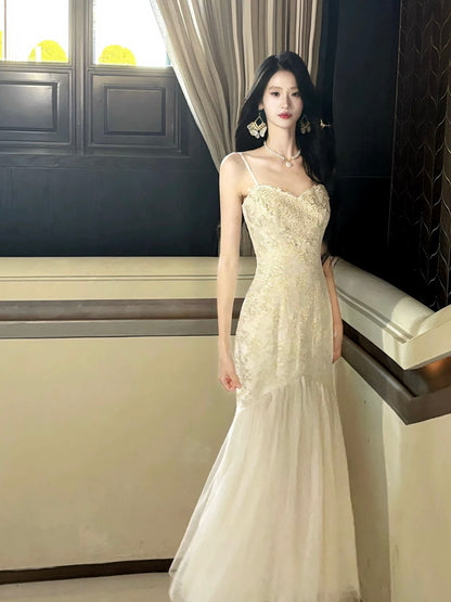 Elegant Mermaid Spaghetti Strap Lace Chiffon Full-hem Maxi Semi Formal Garden Date Night Outfit Wedding Guest Dresses RB5050