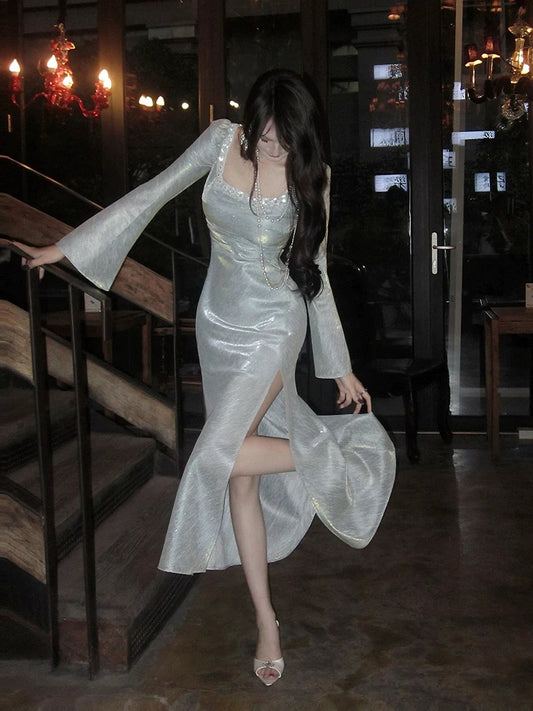 Artistic Mermaid Square Neck Silver Gray Long Sleeves Outdoor Semi Formal Summer Garden Date Night Outfit Wedding Guest Dresses RB5051