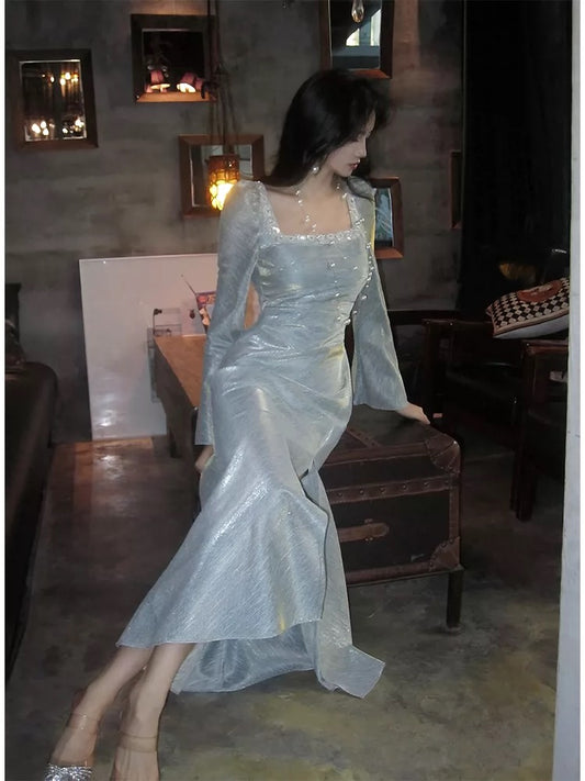 Artistic Mermaid Square Neck Silver Gray Long Sleeves Outdoor Semi Formal Summer Garden Date Night Outfit Wedding Guest Dresses RB5051