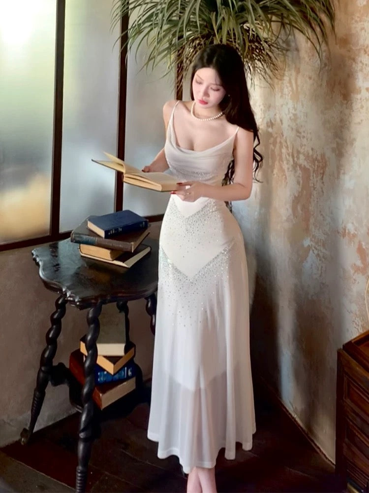 Sparkly Mermaid Spaghetti Strap White Chiffon With Sequined Sleeveless Date Night Outfits Outdoor Semi Formal Long Wedding Guest Dresses RB5052