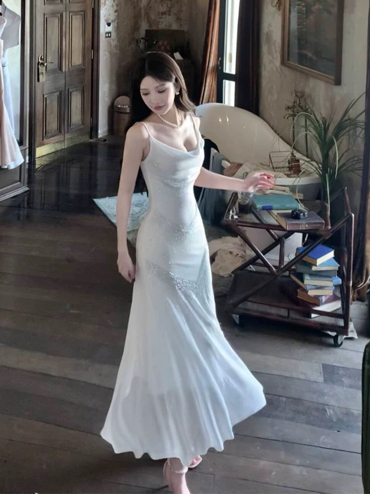 Sparkly Mermaid Spaghetti Strap White Chiffon With Sequined Sleeveless Date Night Outfits Outdoor Semi Formal Long Wedding Guest Dresses RB5052