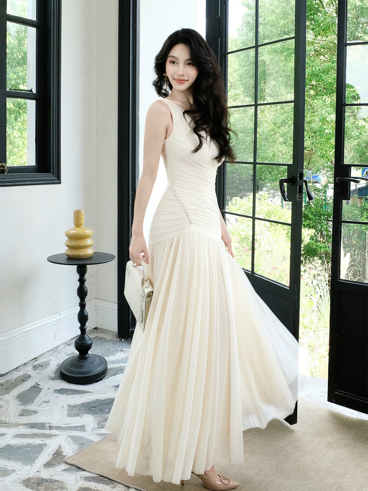 Sparkly Mermaid V Neck Chiffon With Folded Sleeveless Date Night Outfits Outdoor Semi Formal Long Wedding Guest Dresses RB5053