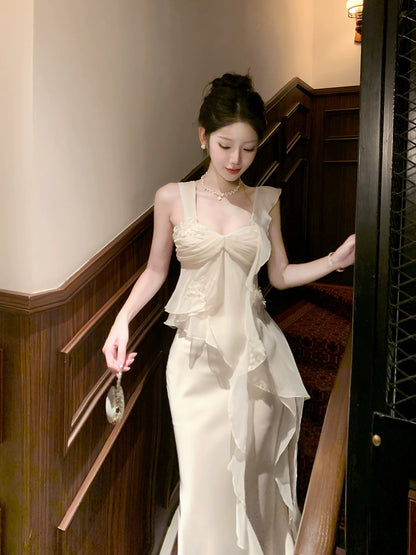 Simple Mermaid Sweetheart Chiffon With Ruffled Sleeveless Date Night Outfits Outdoor Semi Formal Long Wedding Guest Dresses RB5054