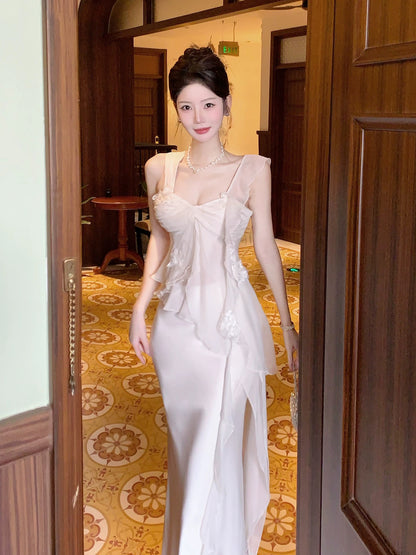 Simple Mermaid Sweetheart Chiffon With Ruffled Sleeveless Date Night Outfits Outdoor Semi Formal Long Wedding Guest Dresses RB5054