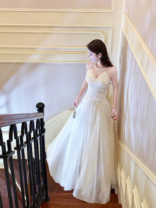 Simple Women's A line Spaghetti Strap Slit With Lace Sleeveless Date Night Outfits Outdoor Semi Formal Wedding Guest Dresses RB5059