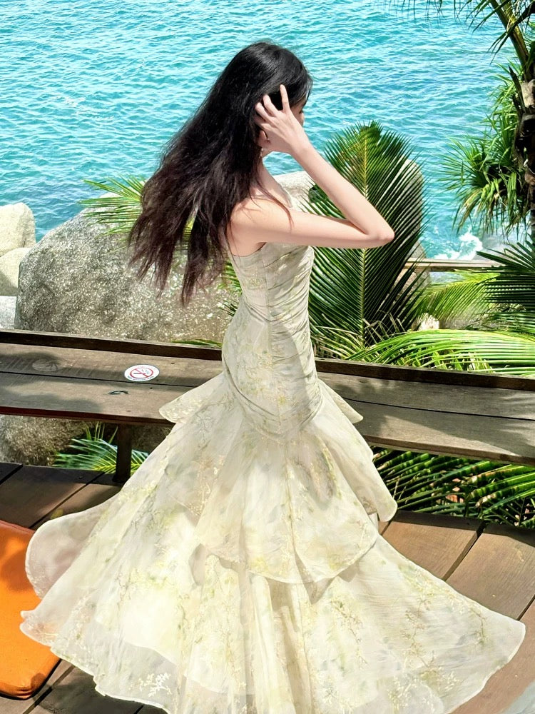 Sexy Mermaid Spaghetti Strap Floral Green Chiffon Full-hem Maxi Semi Formal Garden Date Night Outfit Wedding Guest Dresses RB5060