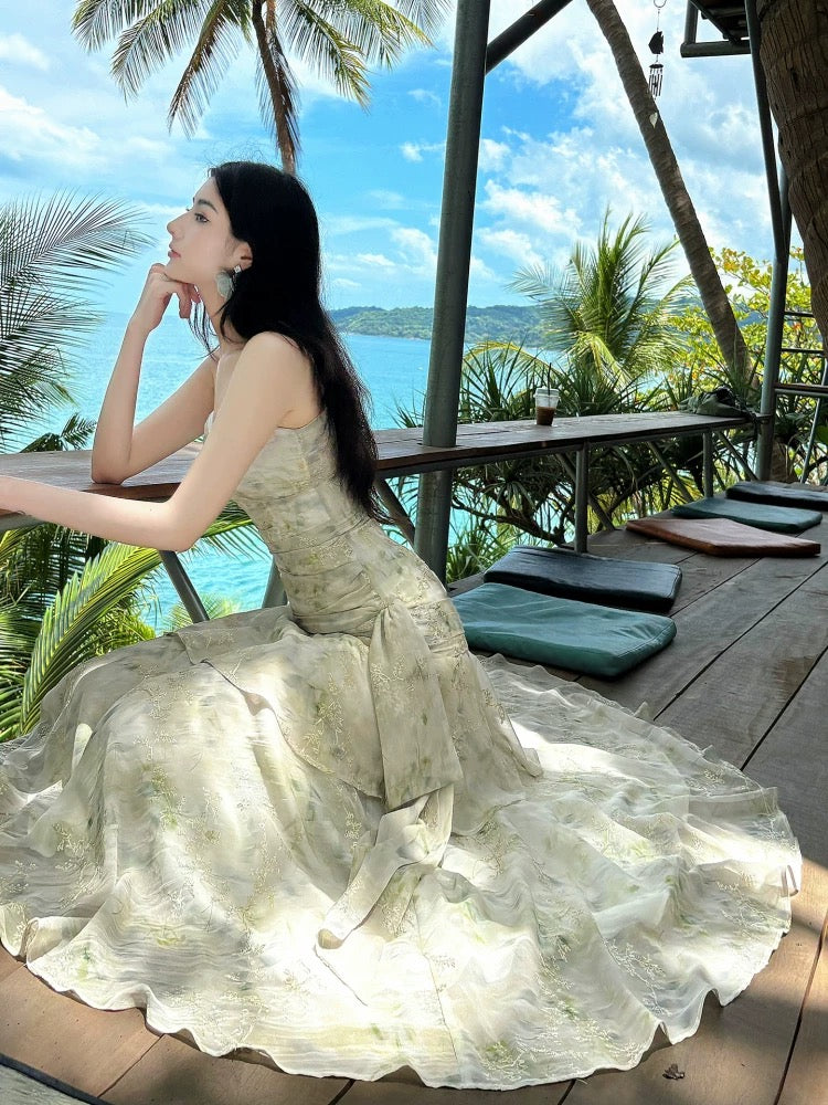 Sexy Mermaid Spaghetti Strap Floral Green Chiffon Full-hem Maxi Semi Formal Garden Date Night Outfit Wedding Guest Dresses RB5060