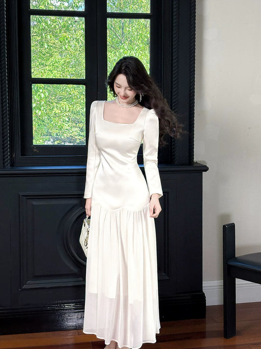 Artistic Mermaid Square Neck White Chiffon Long Sleeves Outdoor Semi Formal Summer Garden Date Night Outfit Wedding Guest Dresses RB5063