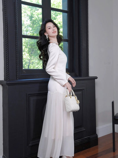 Artistic Mermaid Square Neck White Chiffon Long Sleeves Outdoor Semi Formal Summer Garden Date Night Outfit Wedding Guest Dresses RB5063