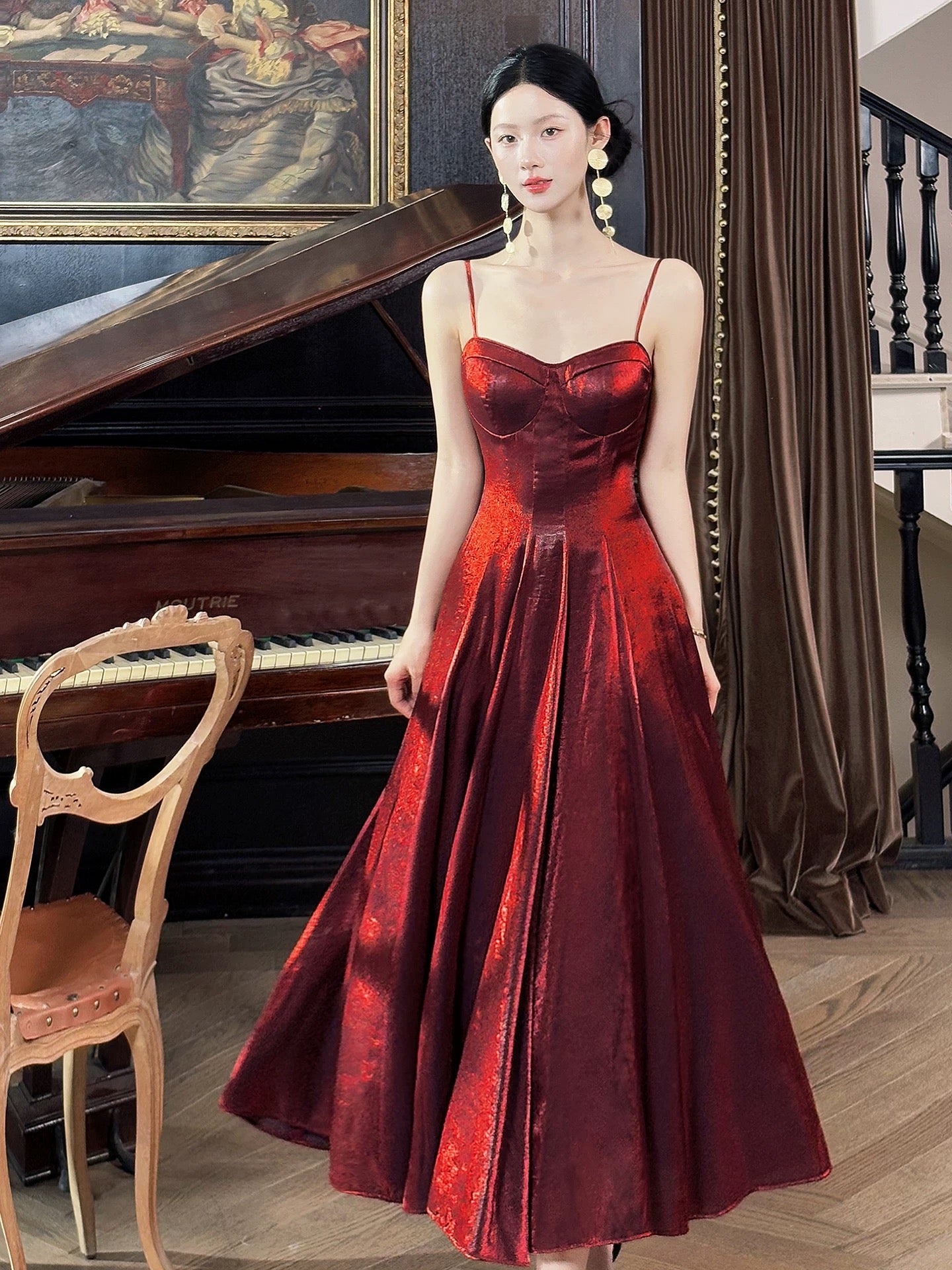 Elegant Women's A Line Maxi Dress Spaghetti Strap Burgundy Sleeveless Date Night Outfits Outdoor Semi Formal Wedding Guest Dresses RB5065
