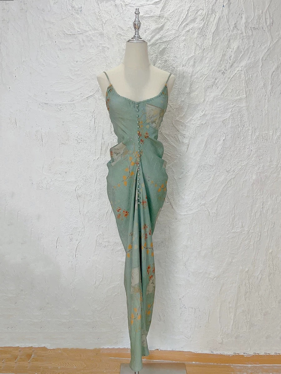 Dazzling Sheath Spaghetti Strap Green Chiffon With Ruffled Floral Outdoor Semi Formal Garden Beach Event Outfits Wedding Guest Dresses RB5069