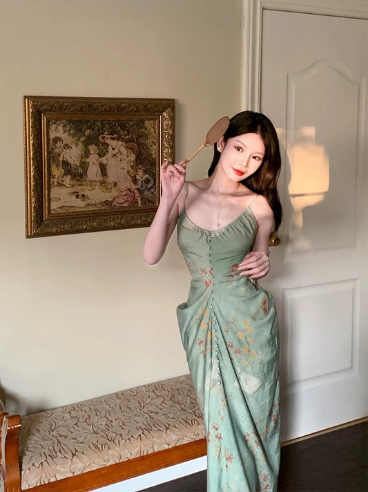 Dazzling Sheath Spaghetti Strap Green Chiffon With Ruffled Floral Outdoor Semi Formal Garden Beach Event Outfits Wedding Guest Dresses RB5069