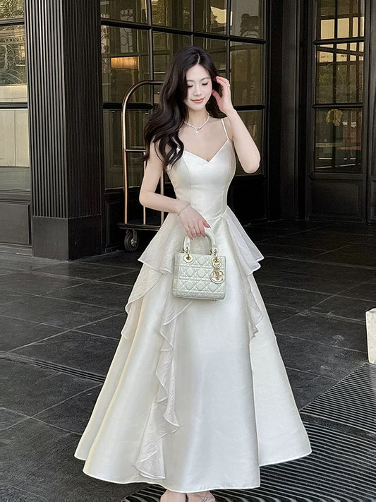A line White Spaghetti Strap Chiffon With Ruffled Full-hem Maxi Semi Formal Garden Date Night Outfit Wedding Guest Dresses RB5070