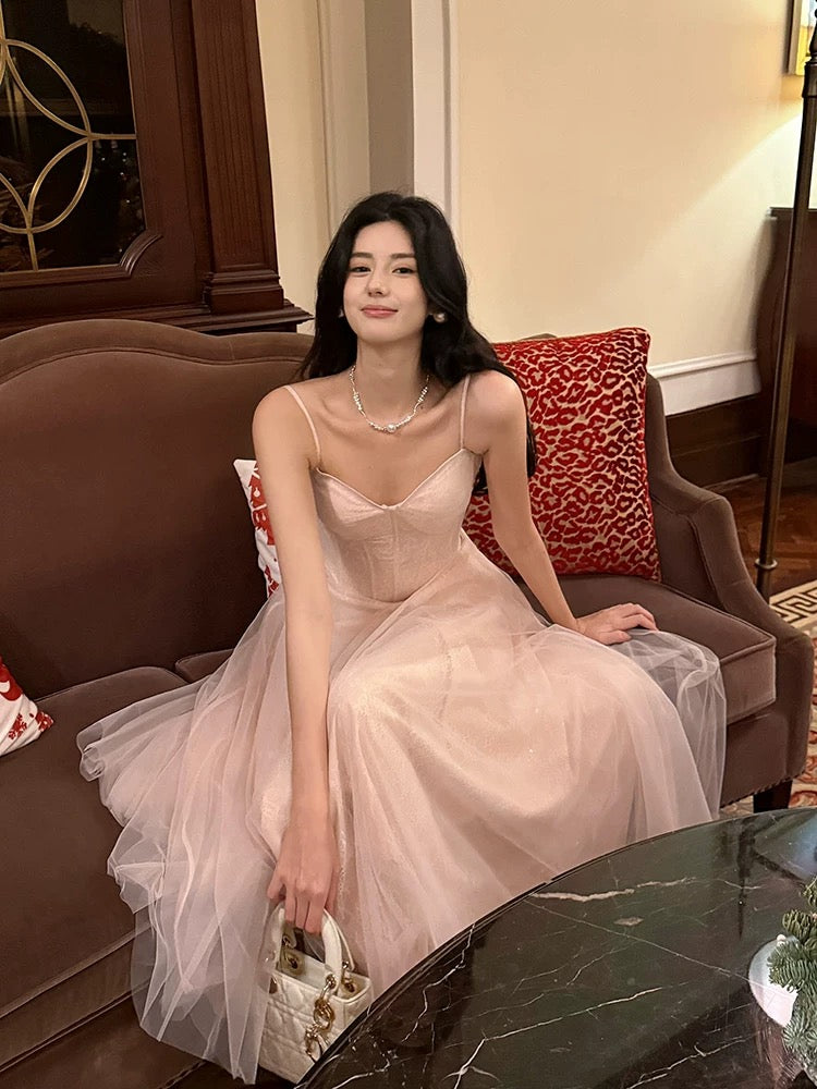 Pretty A line Spaghetti Strap Pink Tulle With Corset Back Full-hem Maxi Semi Formal Garden Date Night Outfit Wedding Guest Dresses RB5072
