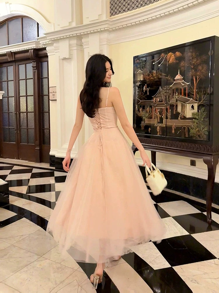 Pretty A line Spaghetti Strap Pink Tulle With Corset Back Full-hem Maxi Semi Formal Garden Date Night Outfit Wedding Guest Dresses RB5072