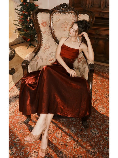 Pretty A line Spaghetti Strap Burgundy Satin Full-hem Maxi Semi Formal Garden Date Night Outfit Wedding Guest Dresses RB5073