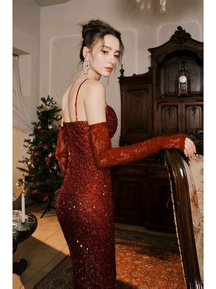 Pretty Mermaid Spaghetti Strap Burgundy Sequin Full-hem Maxi Semi Formal Garden Date Night Outfit Wedding Guest Dresses RB5074