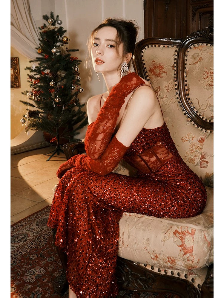 Pretty Mermaid Spaghetti Strap Burgundy Sequin Full-hem Maxi Semi Formal Garden Date Night Outfit Wedding Guest Dresses RB5074