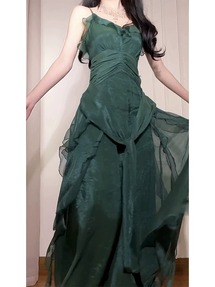 Princess Women's A Line Spaghetti Strap Dark Green Maxi Dress Strap Sleeveless Date Night Outfits Outdoor Semi Formal Wedding Guest Dresses RB5075