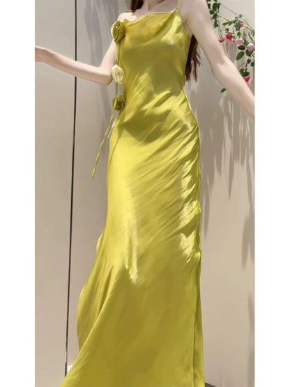Princess Women's Mermaid Spaghetti Strap Yellow With High Split Maxi Dress Strap Sleeveless Date Night Outfits Outdoor Semi Formal Wedding Guest Dresses RB5076