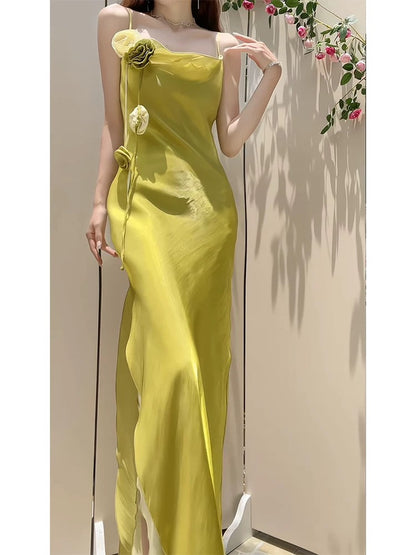 Princess Women's Mermaid Spaghetti Strap Yellow With High Split Maxi Dress Strap Sleeveless Date Night Outfits Outdoor Semi Formal Wedding Guest Dresses RB5076