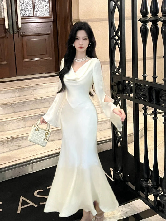 Artistic Mermaid Cowl Neck White Satin With Long Sleeve Outdoor Semi Formal Summer Garden Date Night Outfit Wedding Guest Dresses RB5077